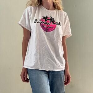 Vintage Y2K Hollywood Beach Florida Graphic Tee White Neon Pink Large